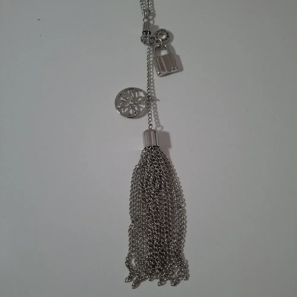 Silver Tone Lock Flower Long Rhinestone Y Drop Lariat Chain Tassel Necklace